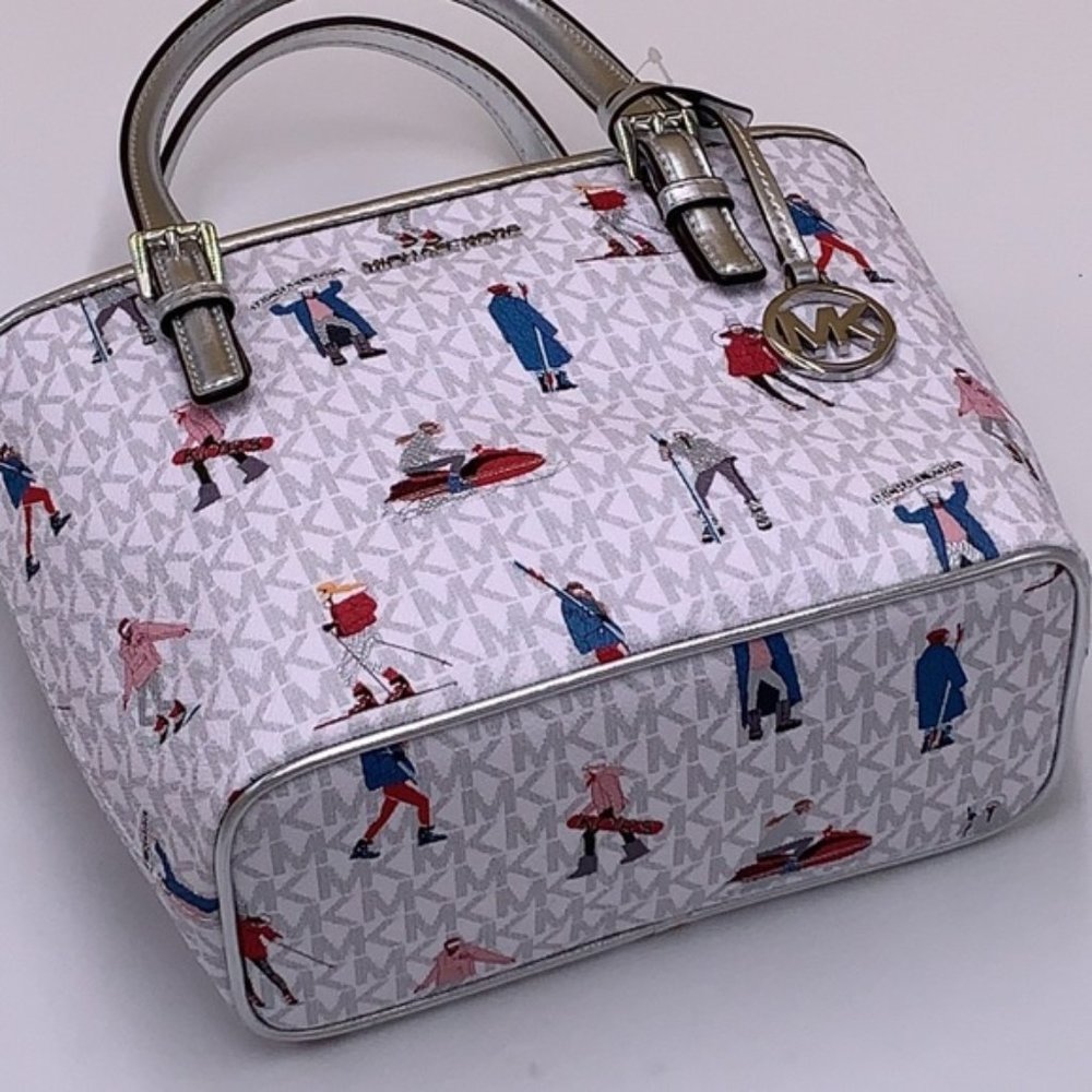 Michael Kors Jet Set Girls Print White Signature XS Carryall Top Zip Tote - Picture 7 of 16